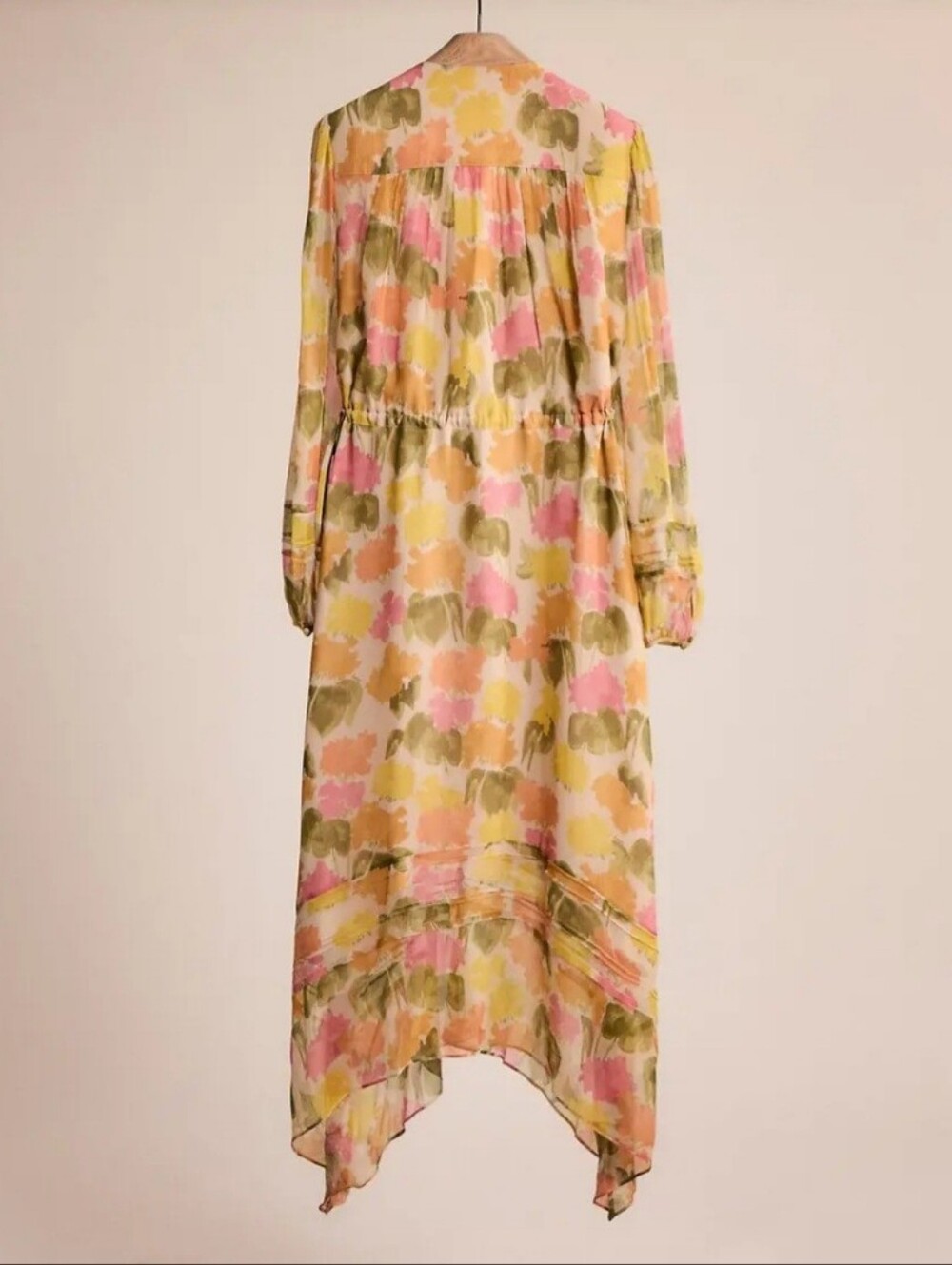 COACH 100% SILKFloral Watercolor Long Sleeve Midi Dress in Pink, Yellow & Green - Picture 2 of 10
